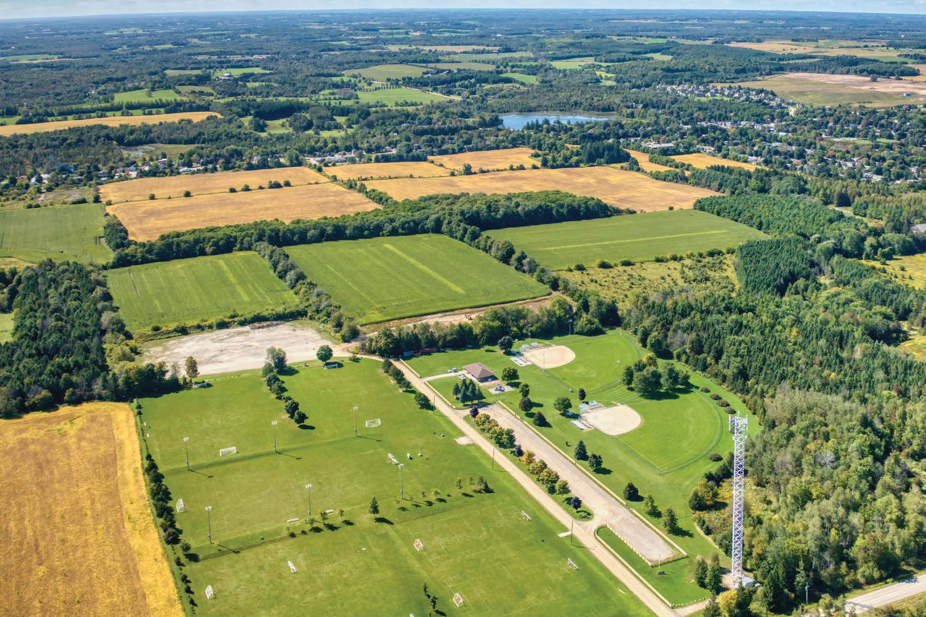 Aerial view of the Hillsburgh community lands beside Barbour Field and Trafalgar Road