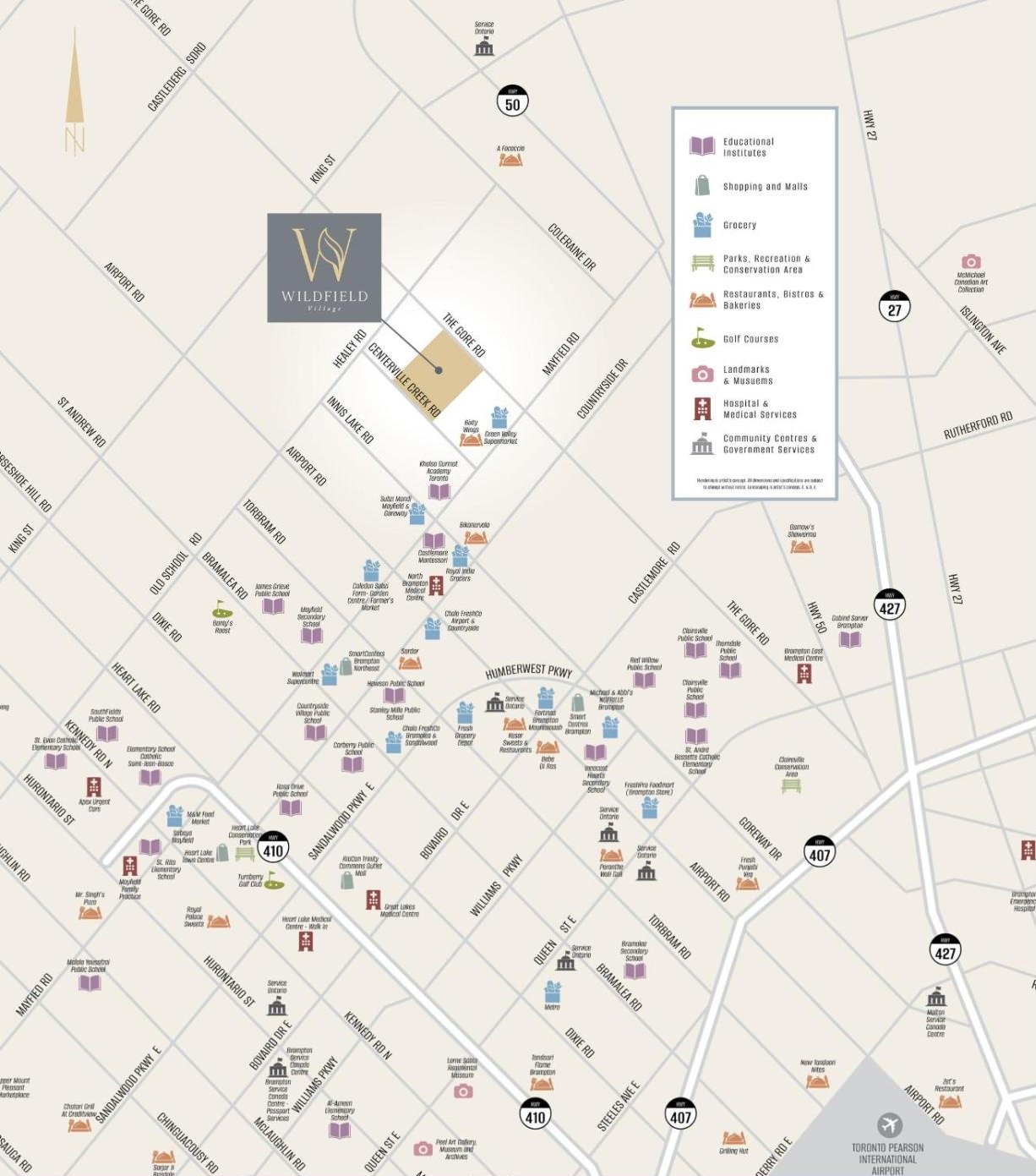 Area map showing Wildfield Village at The Gore Road and Centreville Creek Road with nearby schools, grocery and highways