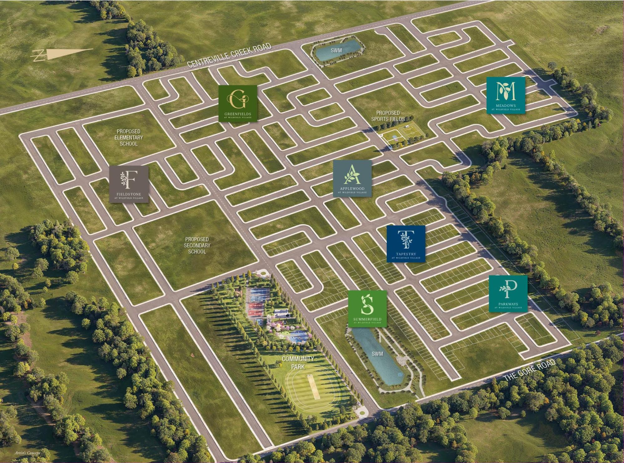 Wildfield Village master plan showing seven neighbourhoods, community park, proposed schools and sports fields